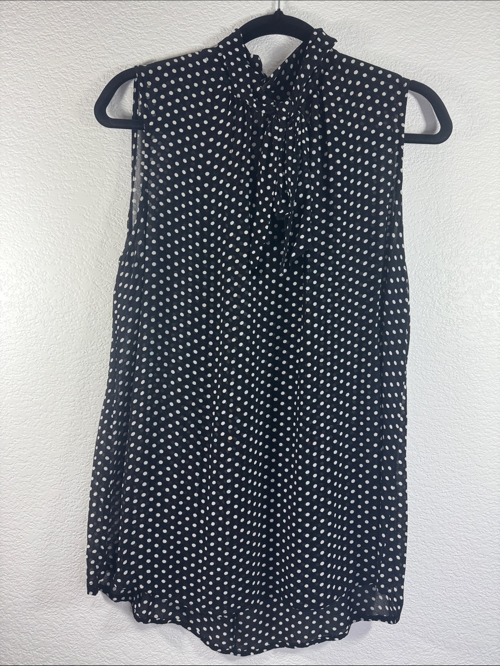 Sleeveless Black Polka Dot Tie-Neck Blouse